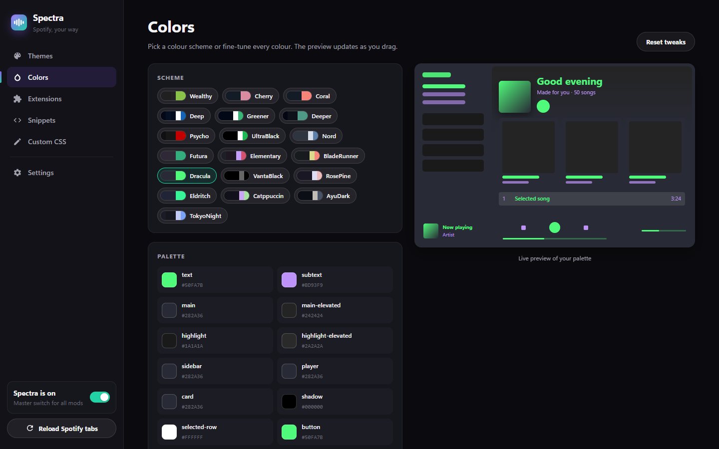 The colour editor with scheme chips, a palette of colour pickers and a live mini preview of Spotify